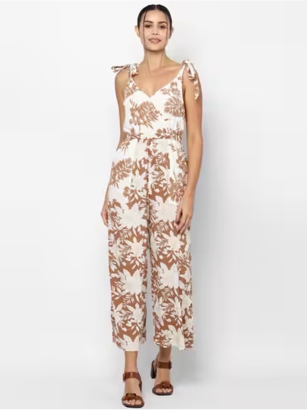 American Eagle Floral Tie-Shoulder Wide-Leg Jumpsuit in Cream & Tan - Size M